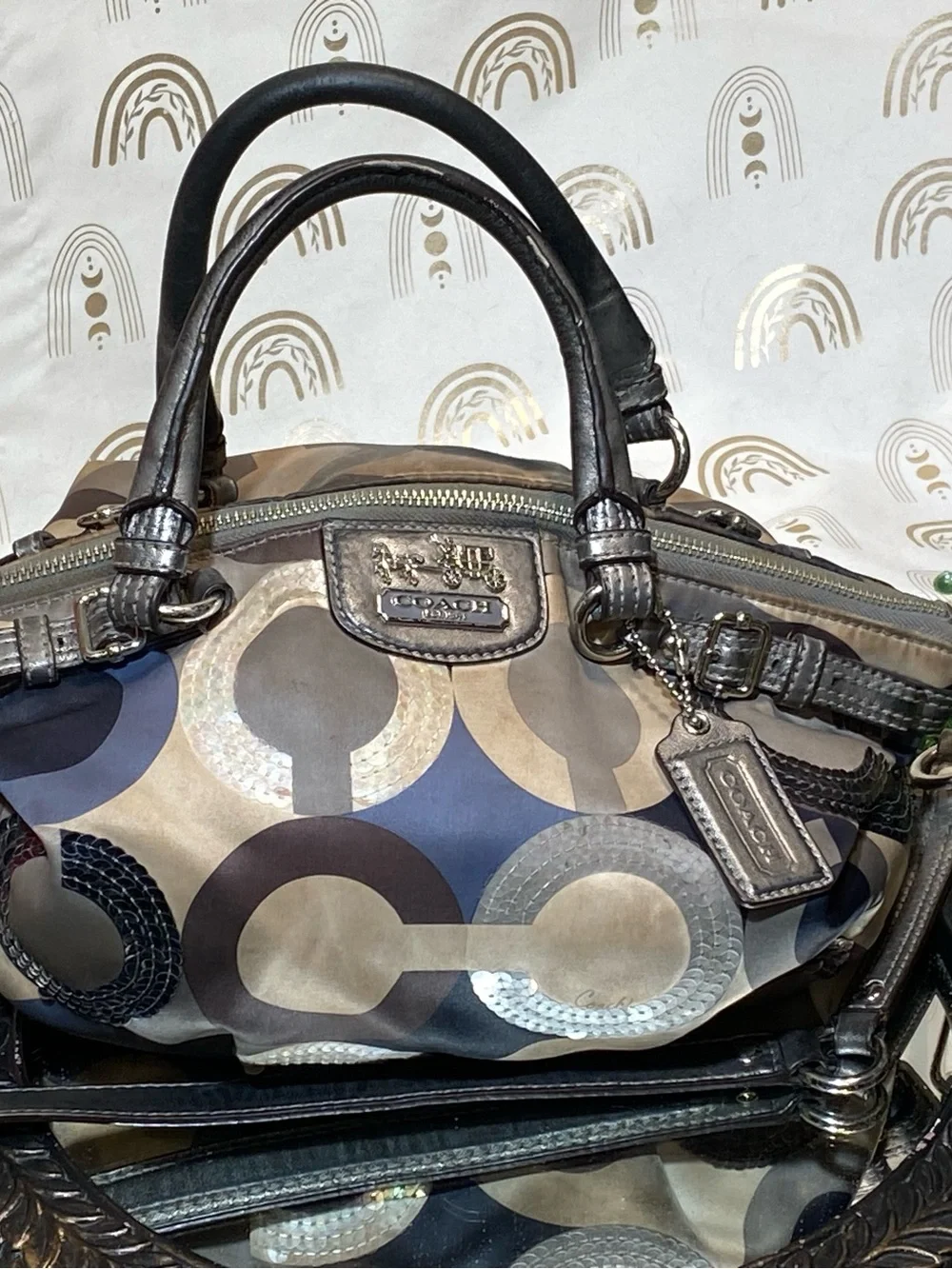 Coach Madison Maggie Multicolor Navy Gray Cream Circle Print Hobo Satchel